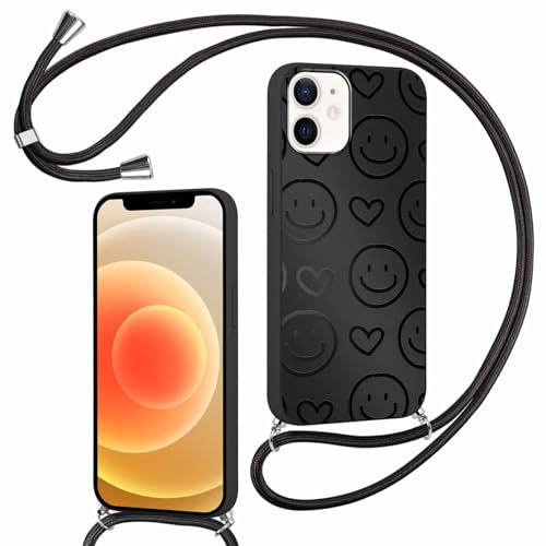 Kueqeay Handykette für iPhone 11 Hülle mit Band 6,1'', Aesthetic Muster Design Smiley-Gesicht Schutzhülle Schwarz Silikon Mattiert Necklace Handyhülle für zum Umhängen Verstellbare Ultra Stoßfest, 16