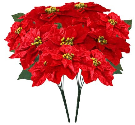 MATBAR Bouquet di fiori di Natale artificiali, confezione da 2 grandi fiori di stella di Natale in velluto rosso, per interni ed esterni, decorazione per albero di Natale, portico, casa, giardino