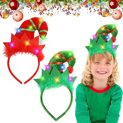 2 Stück Weihnachts Haarreif, Beleuchtete Weihnachten Stirnbänder mit LED, Haarreif Weihnachten, LED Weihnachtself Haarschmuck, Leuchtender Weihnachts Kopfschmuck Weihnachtshaarreifen für Weihnachten
