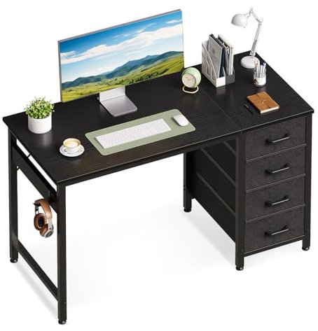ODK Kleiner Schreibtisch mit 4 Schubladen, 100x48x75.7cm Computertisch Umkehrbarer Bürotisch mit Kopfhörer Halter, PC Tisch Holz für Heimbüro, Schwarz