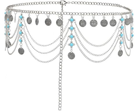 Pandalein Damen Gürtel Retro Taillengürtel Metall Kettengürtel Fransen Bauchtanz Gürtel Münzgürtel Taillenkette Hüftkette für Kleider (Silber)