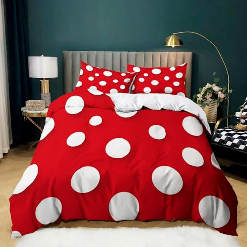 Geometrische Weiße Punkte Bettbezug Set 155 x 220 cm, Rot Drucken Bettwäsche Set - Mikrofaser Weiche Luxus Bettbezug für Jungs Mädchen Jugendliche Kinderbettwäsche