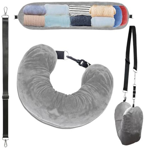 IKOPFLN Reise Nackenkissen Flugzeug Travel pillow Nackenhörnchen Befüllbares nackenkissen Nackenkissen befüllbar mit Kleidung zum Reisen, Waschbarer Kissenbezug, Flug Handgepäck sparen(Grau)