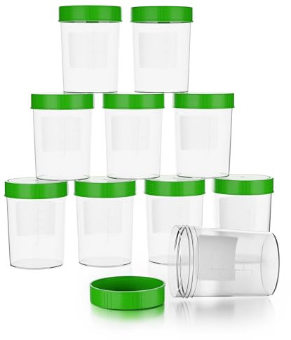 Theracaso Probenbecher Set – 10 Stück à 125 ml – inkl. 40 Etiketten - Auslaufsichere Urinbecher mit Schraubdeckel, graduiert bis 100ml – Für Küche, Basteln, Medizin, Urinproben -beschriftbar