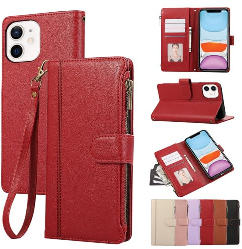 Rosbtib Case for iPhone 11 2019 6.1 Inch Leather Case Zip Magnetic Closure Wallet Case with 4 Card Slots Stand Function Retro Cover iPhone 11, Red
