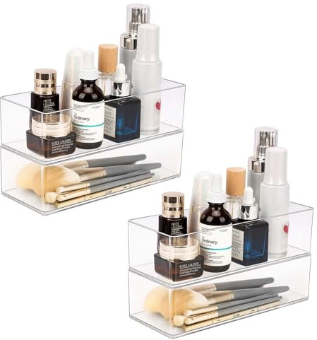 JessLab Acrylic Organizer, 4-Pack Clear Makeup Storage for Vanity, Countertop, Bathroom, Stackable Design for Cosmetics, Jewelry, and Office Supplies, 1 Compartment