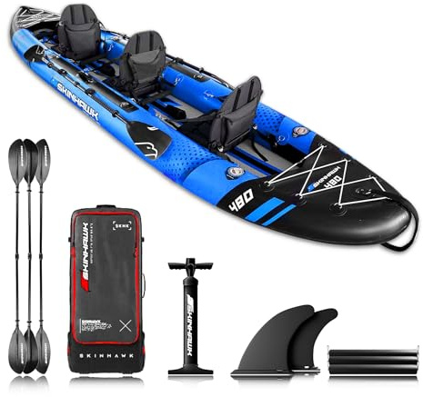 SKINHAWK Exclusiv Blau Kajak Set 480 – Schlauchboot – Kanu - 480 x 96 cm - 3 Personen Kajak