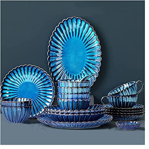 SQMGFA Juego de vajilla de Lujo para la Familia, Juego de vajilla de 54 Piezas, Juego de vajilla de Porcelana Azul con Platos, Cuencos y Taza de café, Juego de Cena de cerámica para H