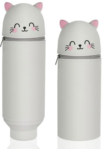 Veftsvy 2-in-1 Silikon Federmäppchen, Graue Katze, Cartoon, 19x7 cm, 15 Stifte, Reißverschluss