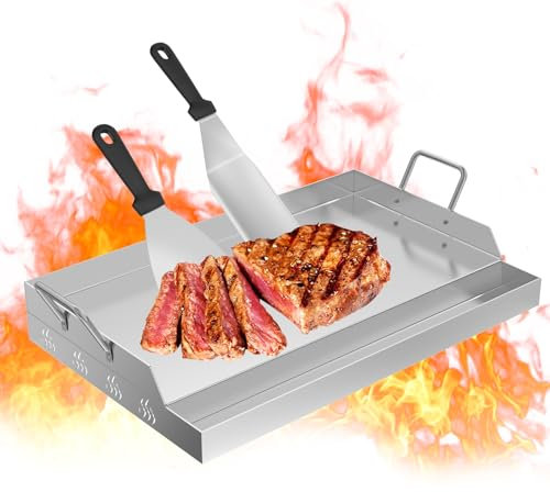 UISEBRT Edelstahl Grillplatte 47 x 32 x 7 cm BBQ Plancha Grillplatte inkl. 2 Grillspachtel & Griffen | Grillblech mit Ölrinne | Feuerplatte Grillzubehör für Holzkohle- & Gasgrill