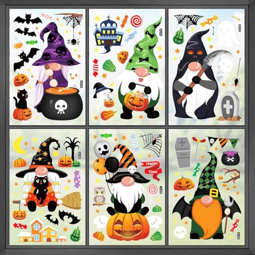 118 adesivi per finestre di Halloween, set da 6 fogli con streghe, zucche, pipistrelli e ragnatele, adesivi statici riutilizzabili per decorazioni per finestre spettrali