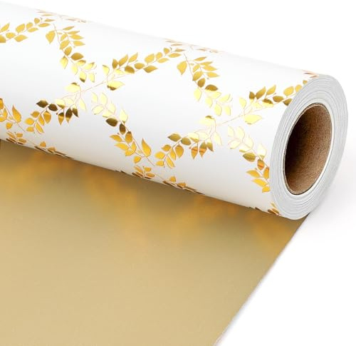 BIOBROWN Geschenkpapier Hochzeit, Goldblatt-Gitter, 43 cm x 10 m | Wendbar: Foliengitter mit Blättern und einfarbig goldene Rückseite; für Hochzeit, Jubiläum und Brautparty