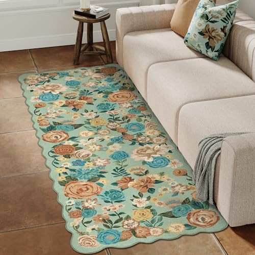 HUGEAR Läufer Flur Teppich 60x180cm Grün Waschbar Teppichläufer Runner | Blumen Blumenmuster Läufer Teppiche,Waschbar Rutschfest,Weich,Boho Neutral Modern,für Schlafzimmer,Küche