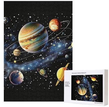 Planeten Sterne und Milchstraße Galaxie gedruckt Puzzle mit Aufbewahrungsbox, Holzpuzzle für Erwachsene und Kinder, 300 Teile Familienspaß, dekoratives Spiel