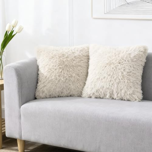 Xqzbmt 2-Pack Faux Fur Cushion Covers 45x45cm - Cream Beige Fluffy Pillow Decor, Soft Plush Cushion Covers Only for Sofa & Bedroom 18x18inches