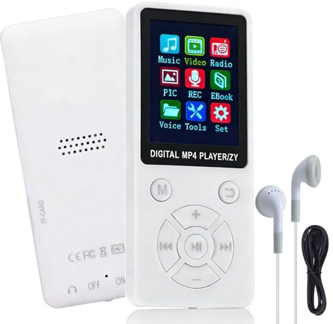 Ouitble MP3-Player/MP4-Player 64GB Bluetooth 5.0 HiFi MP3 Musik-Player, 1,8-Zoll-LCD-Bildschirm mit Lautsprecher Video E-Book Fotobetrachter Kopfhörer Unterstützt bis 128GB (Weiß)
