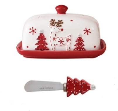 Ensemble de beurrier nordique rouge avec couvercle – Assiettes cadeaux de Noël pour nourriture occidentale et Dim Sum, assiettes à dessert