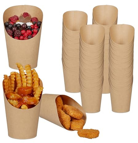 Relaxdays 500 gobelets en papier kraft, arrondis, pour frites, glaces, pop-corn, snacks à emporter, 400 ml, marron, en lot