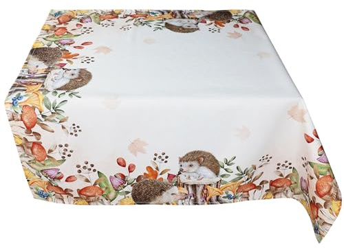 Tischdecke Herbst 85 x 85 cm mit Motiv Igel als Randmotiv & Pilzen - Tischdeko für Küche & Tisch