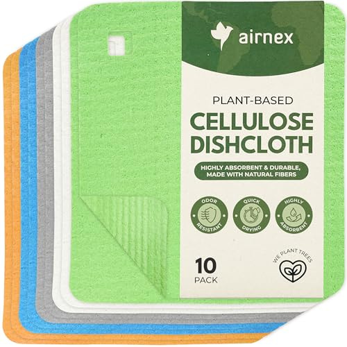 AIRNEX 10 Pack Swedish Dishcloths for Kitchen - Eco-Concious Reusable Dish Towels & Cloths - Super Absorbent, Odor Resistant and Fast Drying Wash Cloths for Dishes & Surfaces