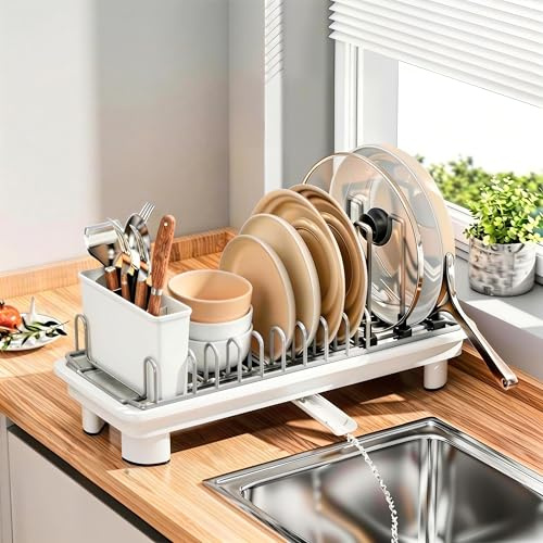 Geschirrabtropfgestell Klein,Abtropfgestell Geschirr Edelstahl mit Abtropfschale,360° Drehbarem Auslauf und Utensilienhalter,Geschirrständer für die Kleine Küchentheke, Small Dish Drying Rack