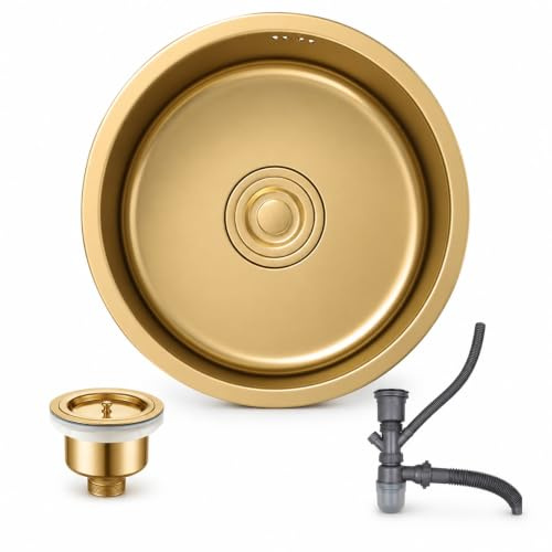 Lavandino Cucina Color Oro, Lavello da Bar Rotondo a Incasso In Acciaio Inox a Vasca Singola, Vasca Profonda con Kit di Scarico(30CM/11.8IN)