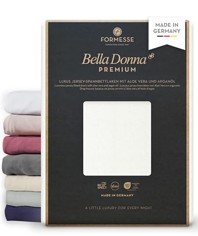 Bella Donna Premium feines Luxus-Jersey-Spannbettlaken: seidig&weich, glatt | FORMESSE Farbe Wollweiss; 140x190-160x220cm, bis 30cm; 97% Baumwollzwirn, 3% Elastan; Aloe vera, Arganöl, merzerisiert