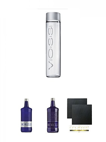 Voss Artesian STILL Gletscher Wasser in Glasflasche 0,8 Liter + Morelli Naturale 0,75 Liter + Morelli Sparkling Frizzante 0,75 Liter + Schiefer Glasuntersetzer eckig ca. 9,5 cm Ø 2 Stück
