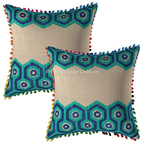 Stylo Culture Ethnico Fundas De Cojines Decorativos 40x40 cm Algodón Geométrico Fundas Almohadones Silla Verde Pompón Bordado De Felpa Cuadrado Cremallera Fundas para Almohadas De Cama - 2 Pcs