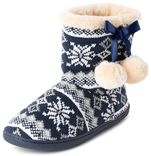 Polar Womens Memory Foam Pom Pom Winter Faux Fur Luxury Plush Cosy Anti Slip Indoor Outdoor Slippers - Navy/White - UK7/EU40 - YC0711