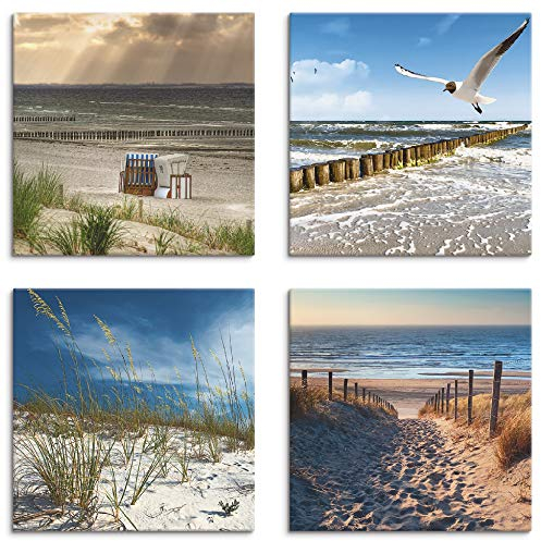 ARTLAND Wanddeko Strandbilder Leinwand Bilder Set 4 tlg. je 30x30 cm Quadratisch Wandbilder Landschaft Strand Natur Ostsee Sand Düne Gräser K2VB