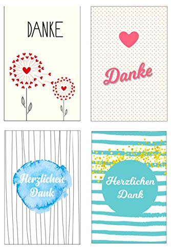 4 Stück Premium Dankeskarten (Klappkarten) mit 4 Umschlägen, Danke, Dankeschön, Karten, Dankekarten, Hochzeit, Geburt, Baby, Taufe, Abschied, Geburtstag, Jubiläum