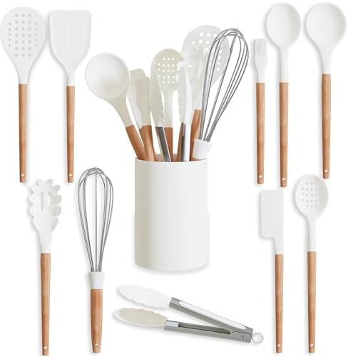 Five14 Juego de utensilios de cocina para cocinar preparar alimentos y servir silicona antiadherente flexible con mango de madera de bambú cabezales resistentes a los arañazos y al calor color blanco