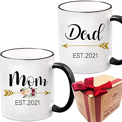 Tasse mit Aufschrift New Mom and Dad, Geschenk für die neue Mutter und den Vater, Tassen-Set für Eltern, Muttertag, neue Eltern, Geschenk für Babyparty, Pfeil-Set, 2 Tassen (schwarzer Griff)