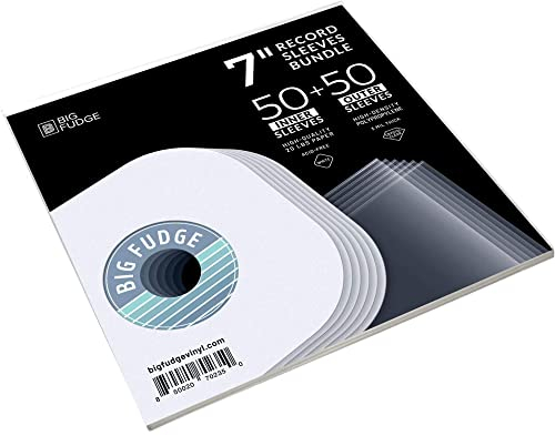 BIG FUDGE Vinyl Record Album - 7 inch 50 Plastic Inner & 50 Paper Outer Sleeves - Anti Static Crystal Clear Covers for Records - Acid-Free Protective LP Sleeve