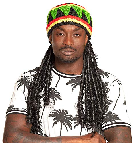 Amakando Wunderschöne Rastafari Häkelmütze mit Haaren/Jamaika Mütze Rasta-Man/Perfekt geeignet zu Mottoparty & Kostümfest