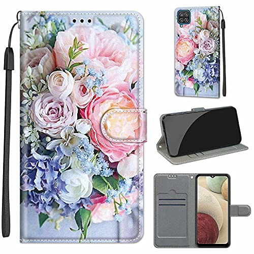 TOMYOU Handyhülle für Samsung Galaxy A12 / M12, Rosa Blumenstrauß | Standfunktion, Kartenfach, Magnetisch, Stoßfeste Schutzhülle, Flip Leder, Klapphülle