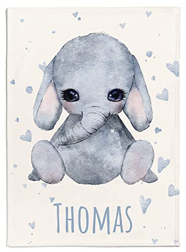 Personalisierte Babydecke mit Wunschtier, Name, Geburtsdatum und Motivfarbe (Elefant mit kleinen Herzen)