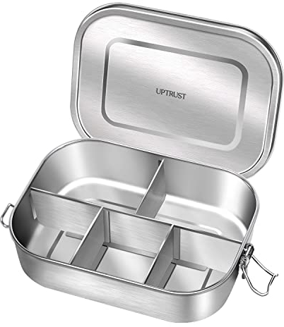 UPTRUST Bento-Lunchbox aus Edelstahl, 5 Fächer, groß, 1400 ml, Metall, Bento-Lunchbox, Behälter für Kinder oder Erwachsene, mit verschließbaren Clips, auslaufsicher