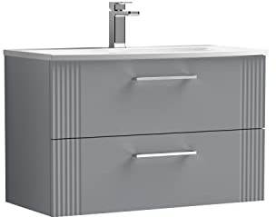 nuie DPF295G Deco Modern Bathroom Wall Hung 2 Drawer Part Fluted Vanity Basin Unit with Curved Ceramic Basin, 800mm, Satin Grey