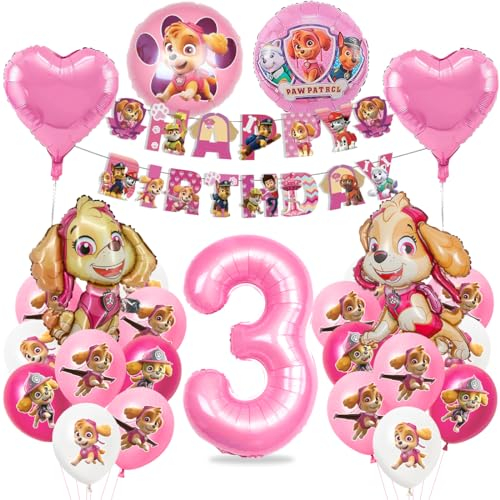 Deko 3. Geburtstag Mädchen, Dog Patrol Geburtstagsdeko, Sky Luftballons 3 Geburtstag, Hund Patrol Ballons, Folienballon Zahl 3, Happy Birthday Banner für 3 Jahre Kindergeburtstag Partydeko