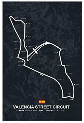FISH DRAGATE Valencia Street Circuit F1 Track Leinwand Poster Wandkunst Dekor Druck Bild Gemälde für Wohnzimmer Schlafzimmer Dekoration Rahmen Stil 60 x 90 cm