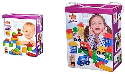 Eichhorn 50 extra große Baby Holzbausteine in der Aufbewahrungsbox mit Kordel & - 50 Bunte Holzbausteine City Blocks mit Druck, in der Aufbewahrungsbox mit Kordel und Sortierdeckel