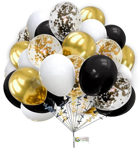 10 Inch Balloons Set Gold Black and White Balloons Metallic Latex Balloons Confetti Balloons for Wedding Birthday Baby Shower Christmas Party Decoration 30 Pack
