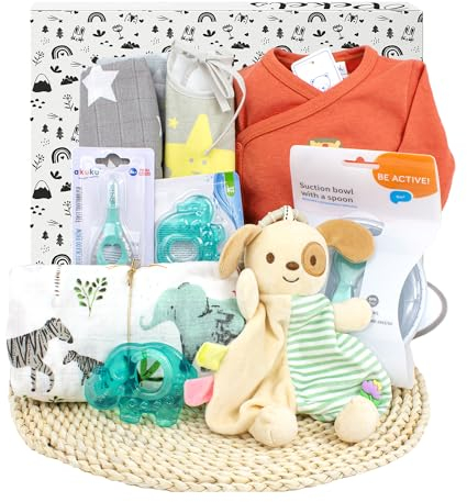PEKEL'S Canastilla para Bebé Recién Nacido - Caja de Regalo Unisex para Niño o Niña con Body de Algodón, Muselina, Babero, Peluche y Accesorios