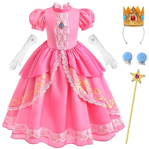 ZaisuiFun Prinzessin Kostüm Mädchen Prinzessinnenkleid Kinder Pfirsich Kleid für Halloween Weihnachten Karneval Cosplay mit Zubehör, 128-134(Etikett 130)