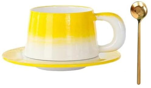 FülleMore modern Kaffeetasse mit Unterteller und Löffel Set 220ml Espressotassen Cappuccino Tassen Büro Zuhause Porzellan Teetasse Kaffeeservice Set für Kaffee,Latte, Mokka, Müsli,Kakao (Gelb)