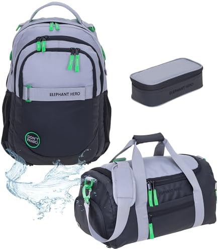 Elephant 3 Teile Set Schulrucksack Jungen Mädchen Signature Hero 2 Schultasche Laptopfach Rucksack + Sporttasche + Mäppchen Box (Color Block Grau Grün 13047)