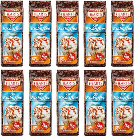 HEARTS Eiskaffee Karamell 10 x 1kg - Instant Kaffee - Vorteilspack - ca. 65 Gläser/Beutel - Bohnenkaffee, Ice Coffee mit Caramell, Koffeinhaltig & Löslich