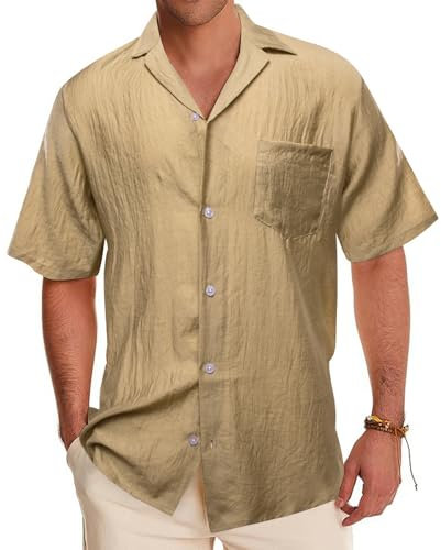 Barry.Wang Men's Shirts Linen Cotton Short Sleeve Summer Beach Shirt Cuban Guayabera Casual Button Hawaiian Shirt Khaki S-3XL